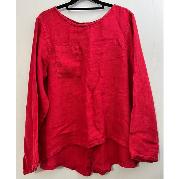 Flax Tops - Flax Size Small Red Button Back Round Neck Linen Blouse